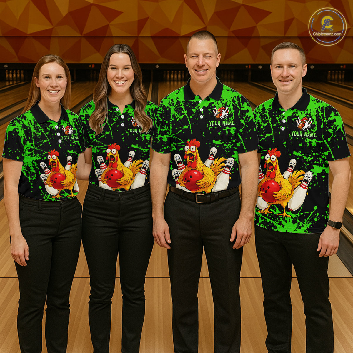 Custom Green Funny Chicken Bowling Jersey for Women Bowling Uniform Bowling Team Shirts HNT282