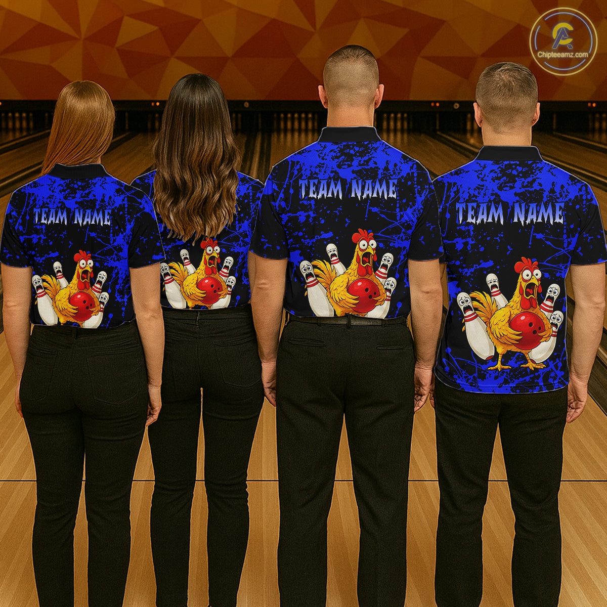 Custom Blue Funny Chicken Bowling Jersey for Men Bowling Uniform Bowling Team Shirts HNT282