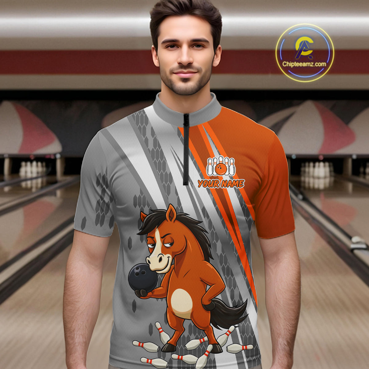 Custom Funny Horse Bowling Jersey for Men Bowling Team Shirts Bowling League Polo & 1/4 Zip HNT181