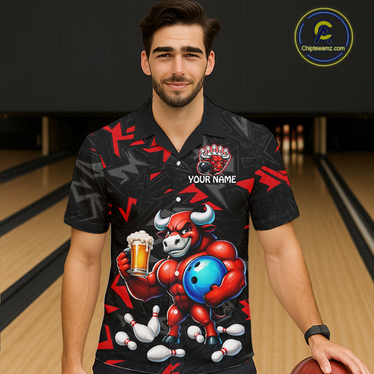 Custom Red Beer Bull Hawaiian Bowling Jersey Bowling Team Shirts Bowling Uniform HNT329