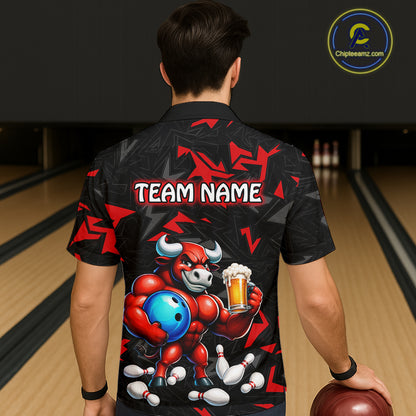 Custom Red Beer Bull Hawaiian Bowling Jersey Bowling Team Shirts Bowling Uniform HNT329