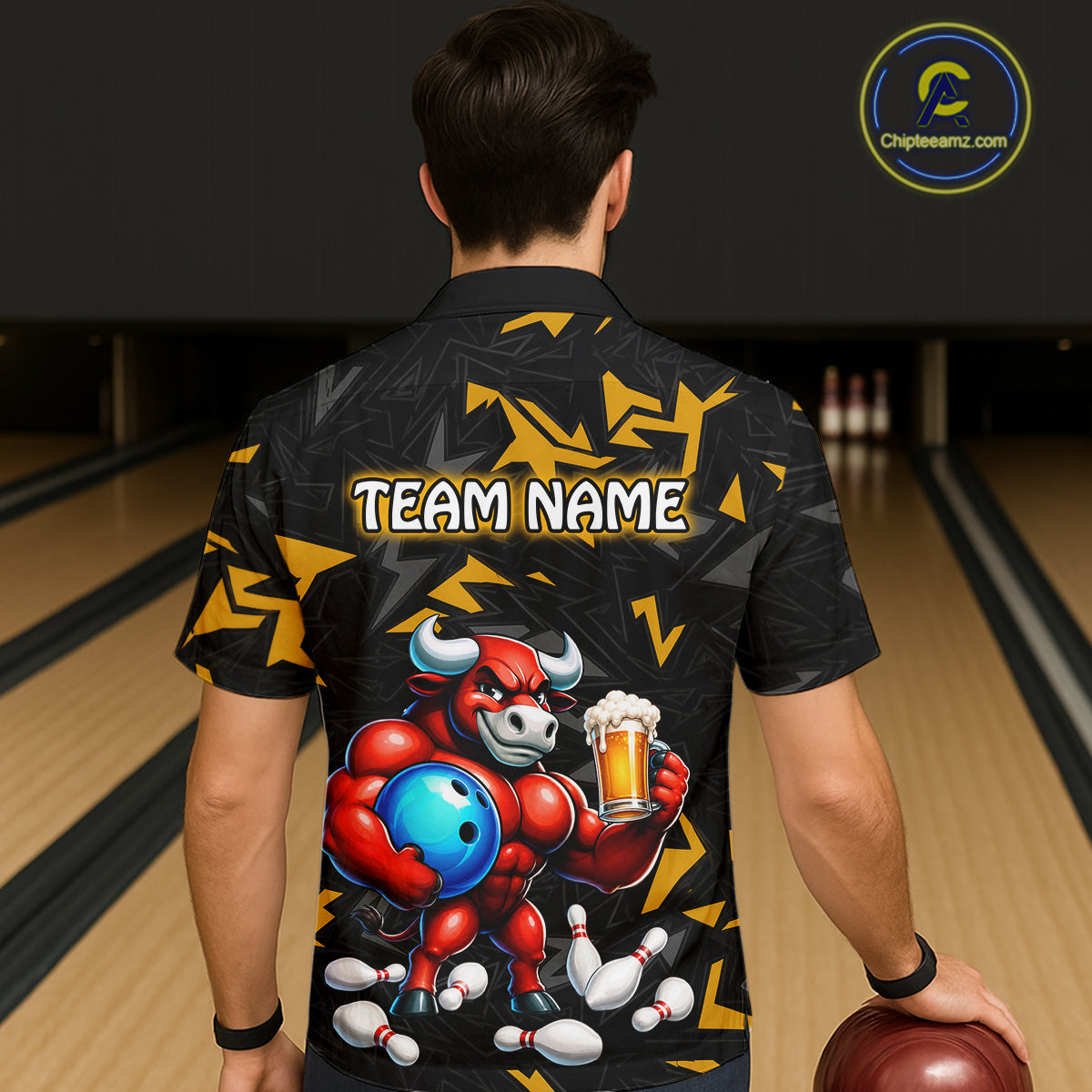 Custom Yellow Beer Bull Hawaiian Bowling Jersey Bowling Team Shirts Bowling Uniform HNT329