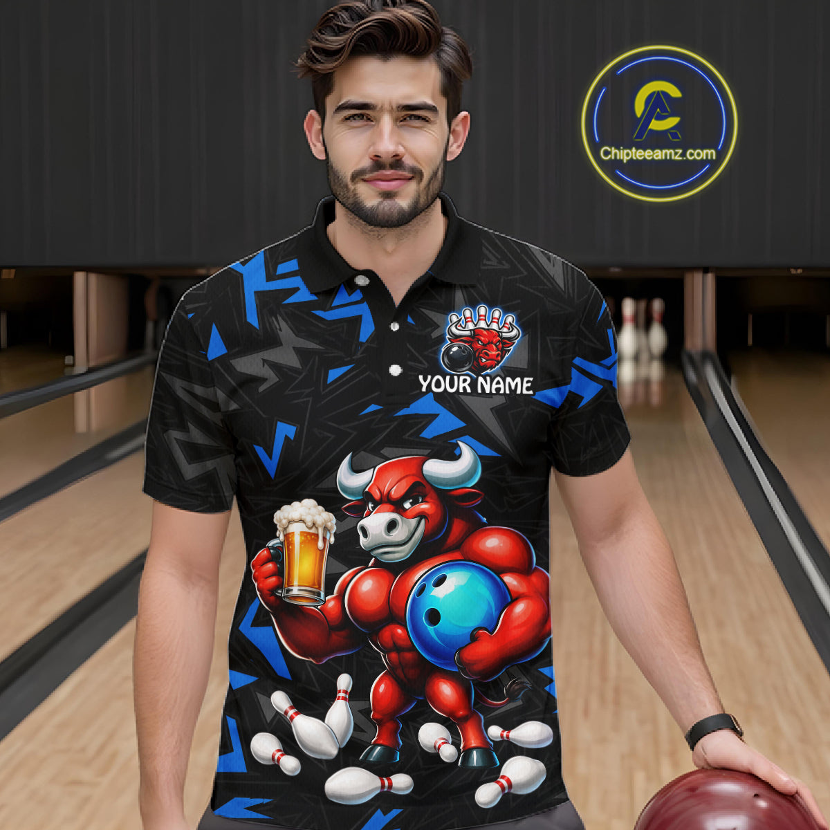 Men’s blue beer bull bowling polo shirt, front view on male model in bowling lane 