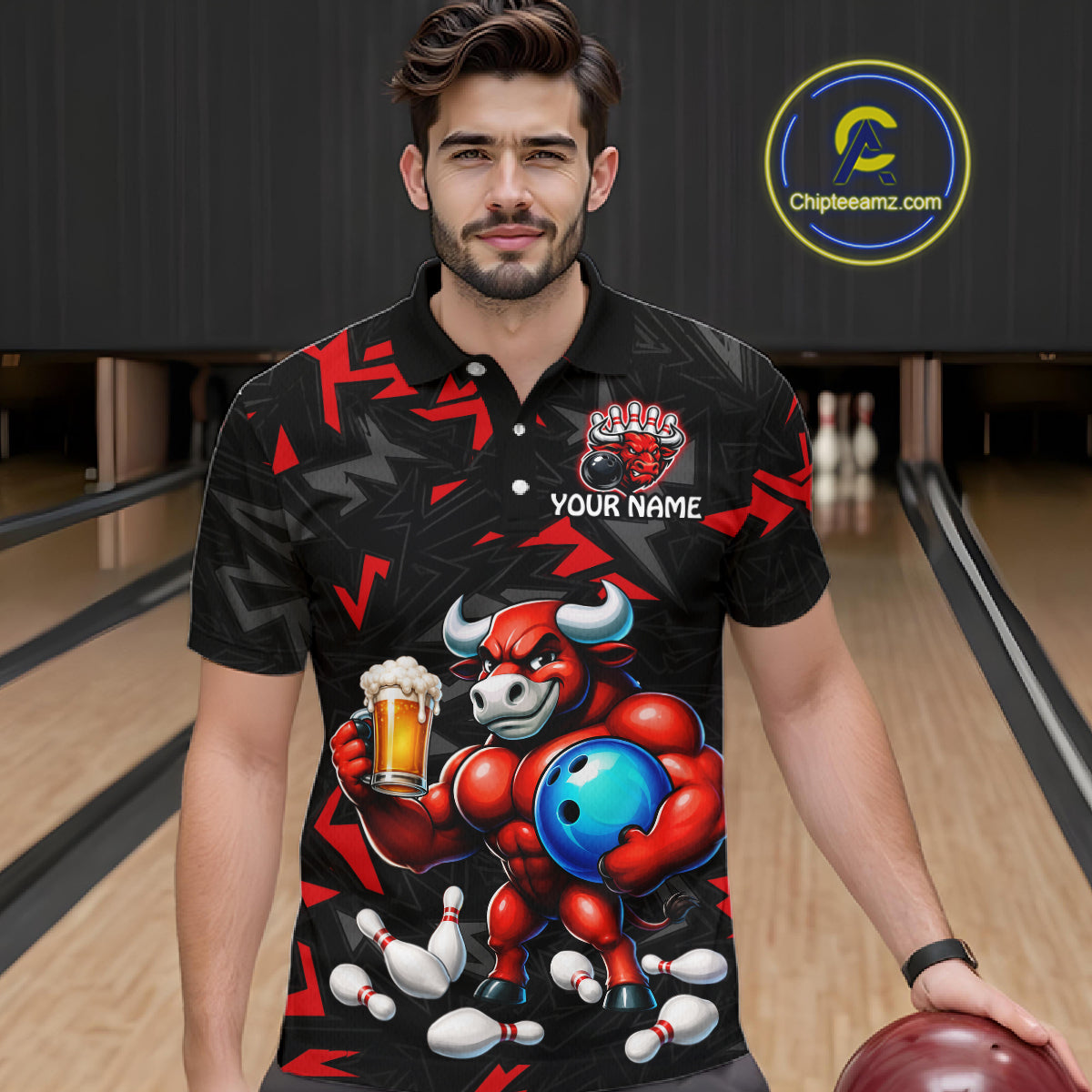 Men’s red beer bull bowling polo shirt, front view on male model in bowling lane 