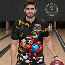 Load image into Gallery viewer, Men’s yellow beer bull bowling polo shirt, front view on male model in bowling lane 