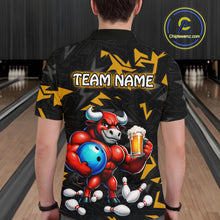 Load image into Gallery viewer, Men’s yellow beer bull bowling polo shirt, back view on male model in bowling lane 