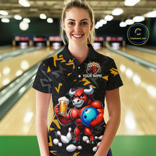 Load image into Gallery viewer, Women’s yellow beer bull bowling polo shirt, front view on female model in bowling lane 