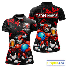 Load image into Gallery viewer, Custom red beer bull bowling jersey for women, personalized team bowling polo shirt front view and back view