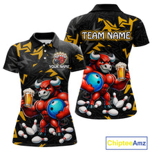 Load image into Gallery viewer, Custom yellow beer bull bowling jersey for women, personalized team bowling polo shirt front view and back view