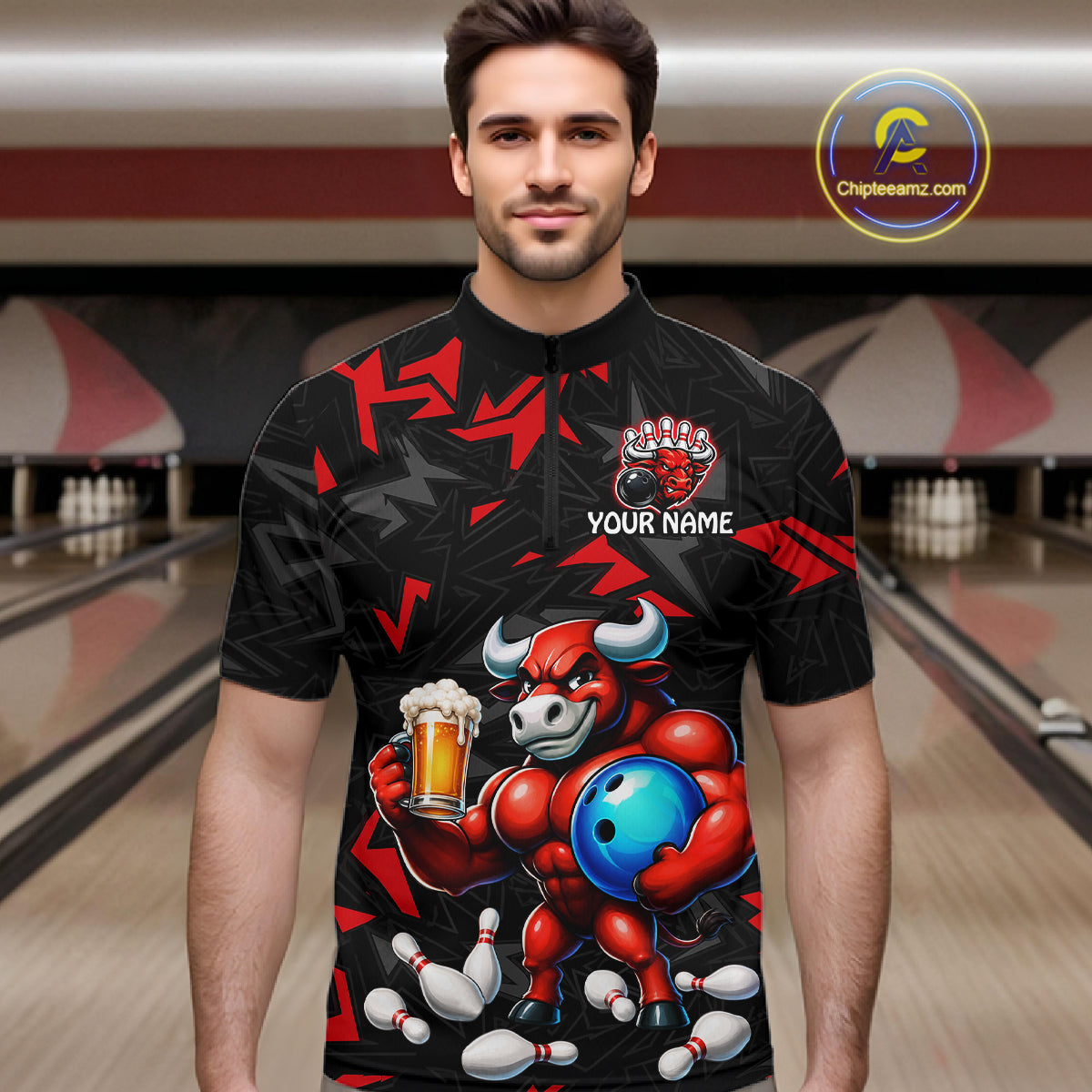 Men’s red beer bull bowling quarter zip shirt, front view on male model in bowling lane 