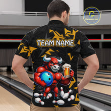 Load image into Gallery viewer, Men’s yellow beer bull bowling quarter zip shirt, back view on male model in bowling lane 