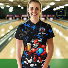 Load image into Gallery viewer, Women’s blue beer bull bowling polo shirt, front view on female model in bowling lane 