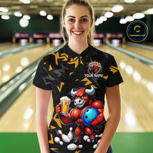 Load image into Gallery viewer, Women’s yellow beer bull bowling quarter zip shirt, front view on female model in bowling lane 