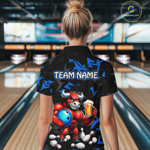 Load image into Gallery viewer, Women’s blue beer bull bowling quarter zip shirt, back view on female model in bowling lane 