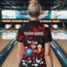 Load image into Gallery viewer, Women’s red beer bull bowling polo shirt, back view on female model in bowling lane 