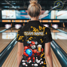 Load image into Gallery viewer, Women’s yellow beer bull bowling polo shirt, back view on female model in bowling lane 