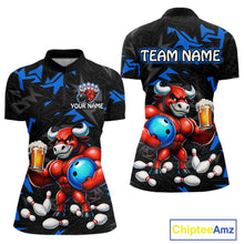 Load image into Gallery viewer, Custom blue beer bull bowling jersey for women, personalized team bowling quarter zip shirt front view and back view