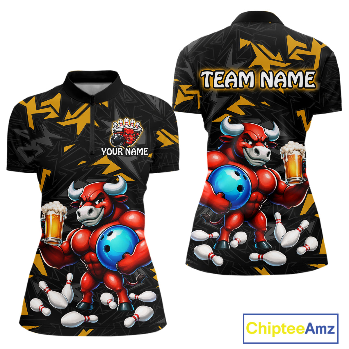 Custom yellow beer bull bowling jersey for women, personalized team bowling quarter zip shirt front view and back view