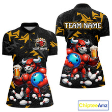 Load image into Gallery viewer, Custom yellow beer bull bowling jersey for women, personalized team bowling quarter zip shirt front view and back view