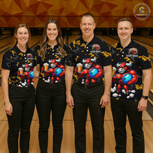 Load image into Gallery viewer, Group of bowlers in yellow beer bull team shirts, personalized bowling uniforms front view.