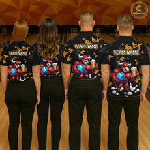 Load image into Gallery viewer, Group of bowlers in beer bull team shirts, personalized bowling uniforms back view.