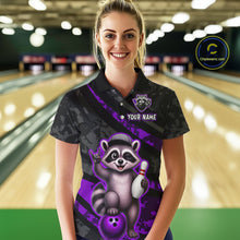 Load image into Gallery viewer, Person wearing a custom bowling shirt with a raccoon design in a bowling alley.