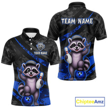 Load image into Gallery viewer, Bowling-themed polo shirt with raccoon design on a black and blue camouflage background, featuring customizable text.