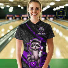 Load image into Gallery viewer, Person wearing a bowling shirt with a raccoon graphic in a bowling alley