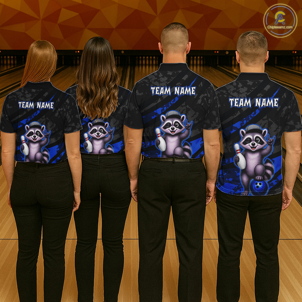 Four people wearing bowling shirts with a raccoon graphic and 'Team Name' text on a bowling alley.