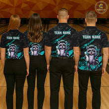 Load image into Gallery viewer, Four people wearing bowling shirts with a raccoon design and 'Team Name' text on a bowling alley background.