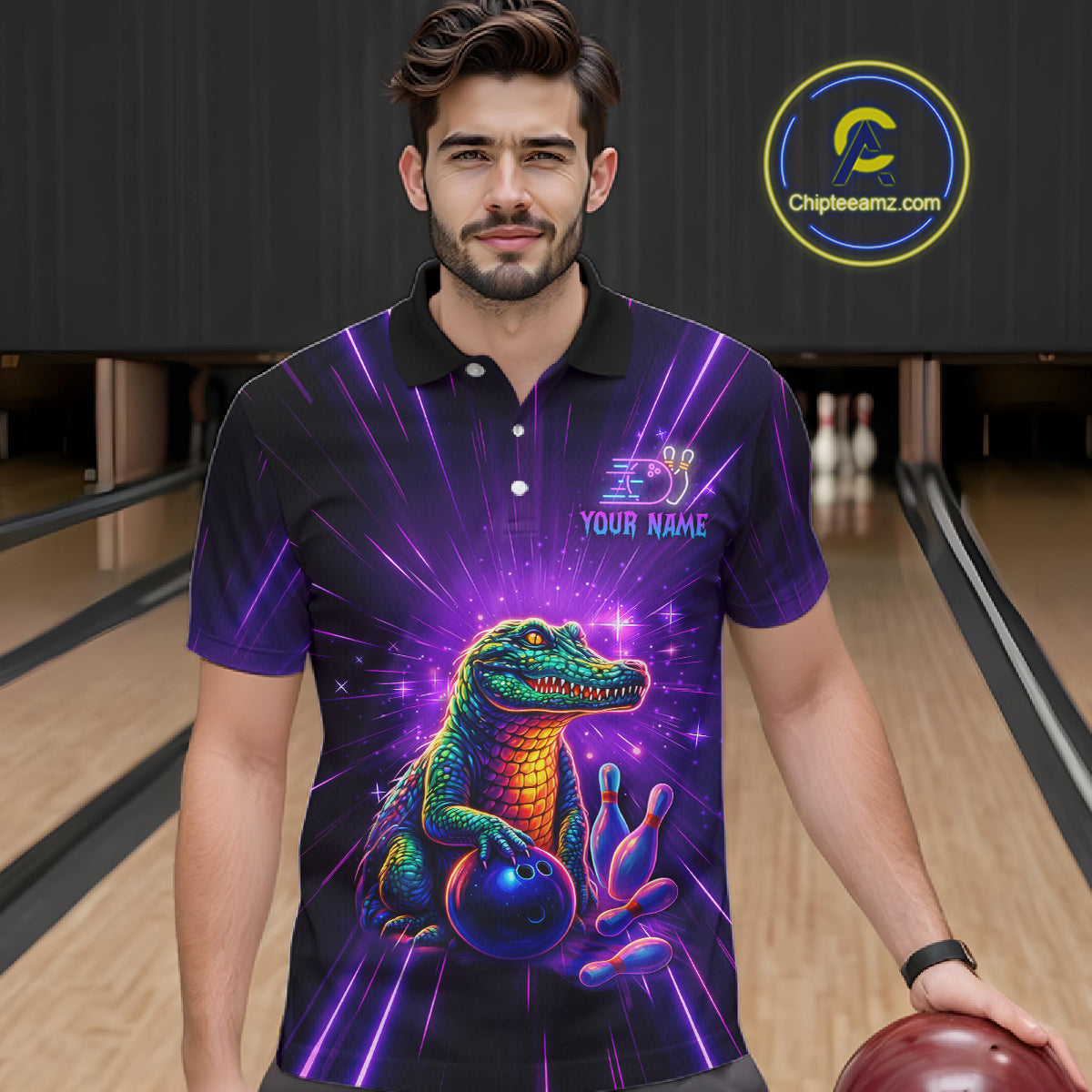 Custom Funny Crocodile Neon Bowling Shirt Alligator Bowling Jersey for Men Polo & 1/4 Zip HNT208