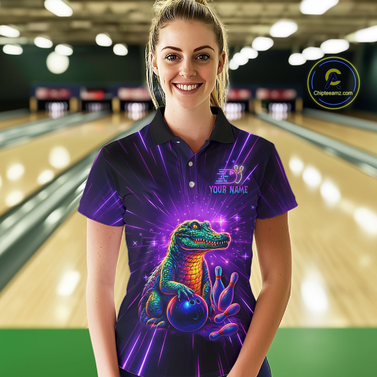 Custom Funny Crocodile Neon Bowling Shirt Alligator Bowling Jersey for Women Polo & 1/4 Zip HNT208