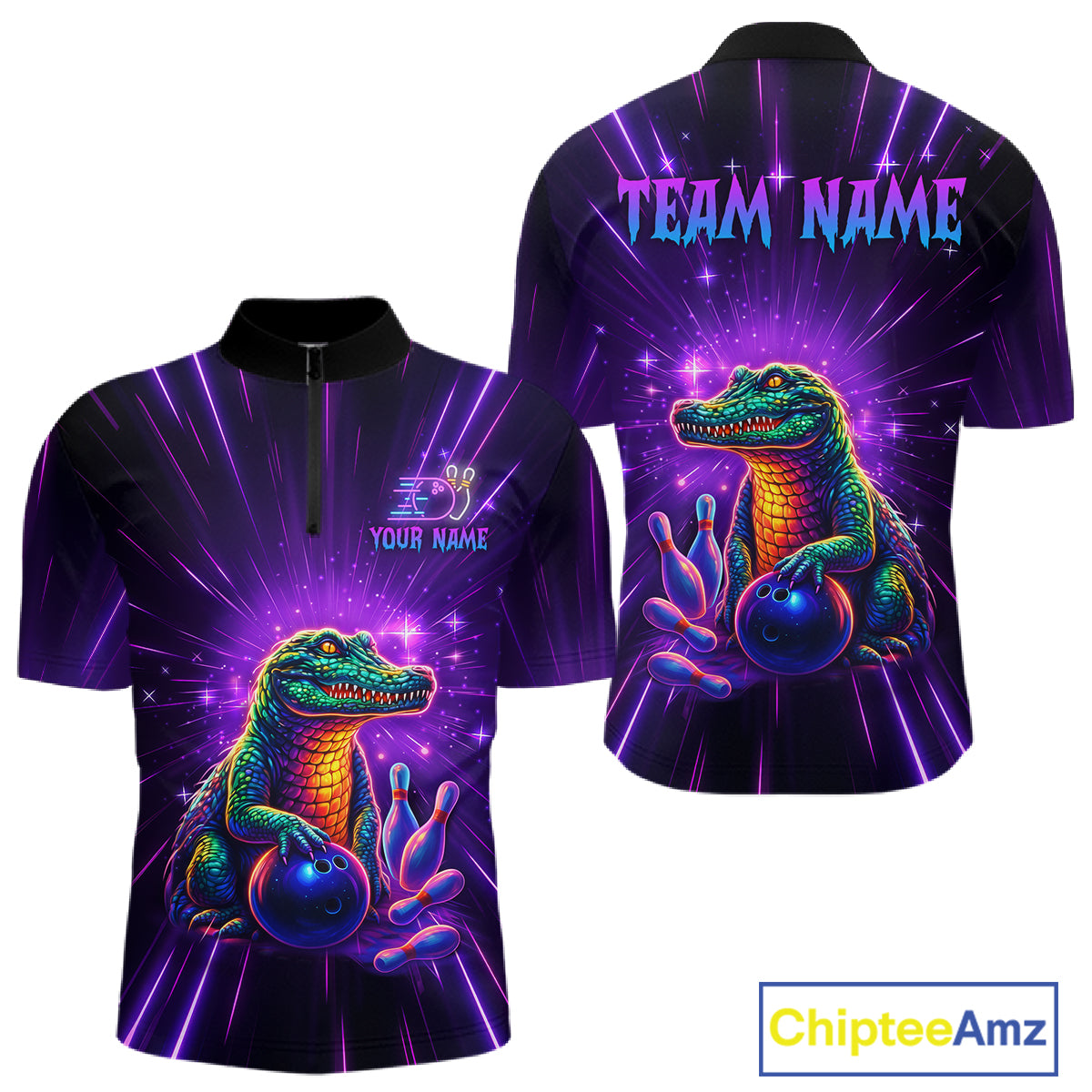 Custom Funny Crocodile Neon Bowling Shirt Alligator Bowling Jersey for Men Polo & 1/4 Zip HNT208