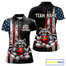 Load image into Gallery viewer, Custom us flag raccoon bowling jersey for women, personalized team bowling polo shirt front view and back view