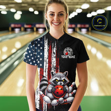 Load image into Gallery viewer, Women’s us flag raccoon bowling quarter zip shirt, front view on female model in bowling lane 