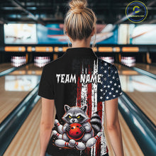 Load image into Gallery viewer, Women’s us flag raccoon bowling quarter zip shirt, back view on female model in bowling lane 