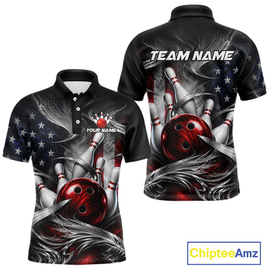 Front and back views of a black short-sleeve polo shirt with a bowling-themed graphic print featuring red bowling balls, white bowling pins, stars, and the text 'TEAM NAME' and 'YOUR NAME'.