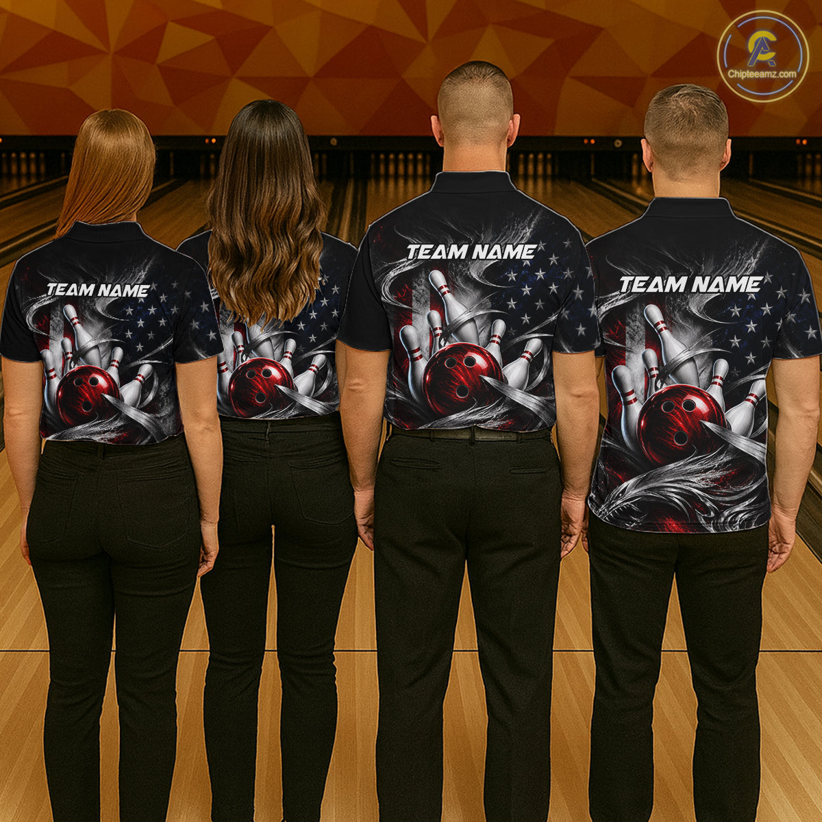 Four people standing from the back in a bowling alley, wearing matching black short-sleeve shirts with a large bowling-themed graphic on the back. The graphic features bowling pins, bowling balls, stars, and the text 'TEAM NAME'.