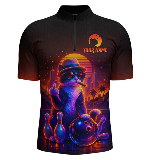 Custom Funny Cat Bowling Jersey for Men Bowling Tournament  Polo & 1/4 Zip Bowling Team Shirts HNT204