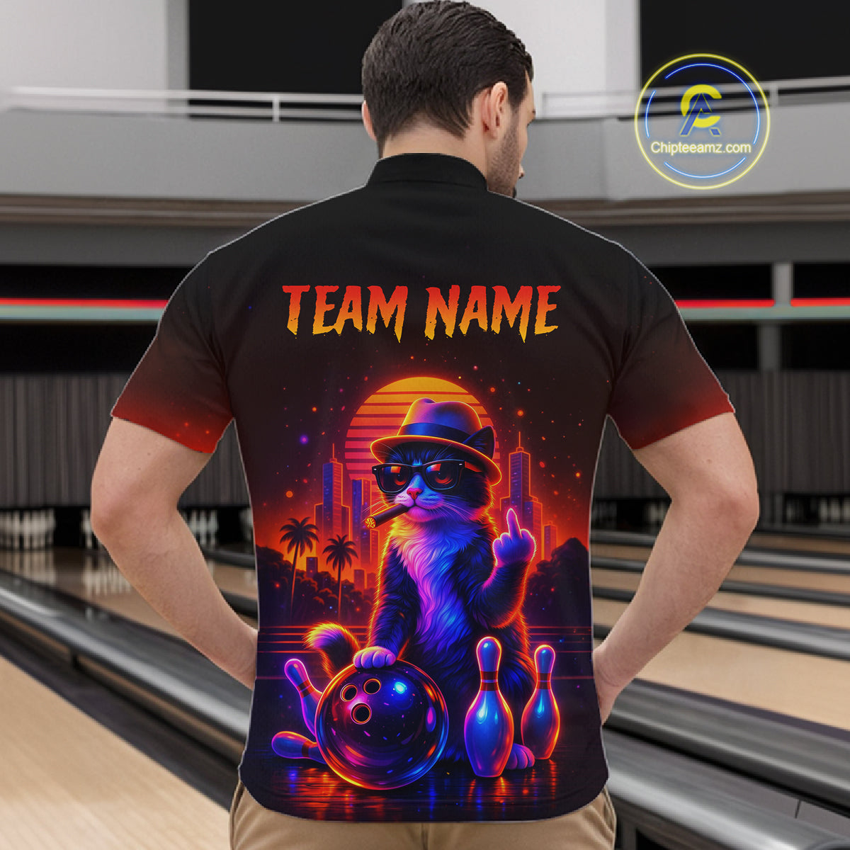 Custom Funny Cat Bowling Jersey for Men Bowling Tournament  Polo & 1/4 Zip Bowling Team Shirts HNT204