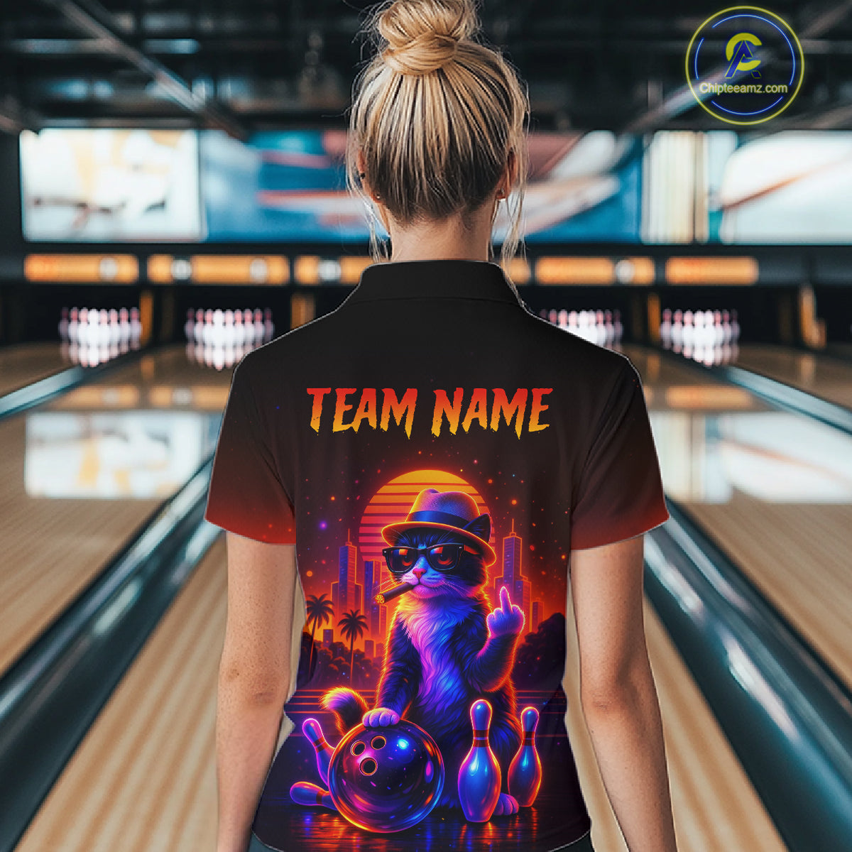 Custom Funny Cat Bowling Jersey for Women Bowling Tournament Polo & 1/4 Zip Bowling Team Shirts HNT204