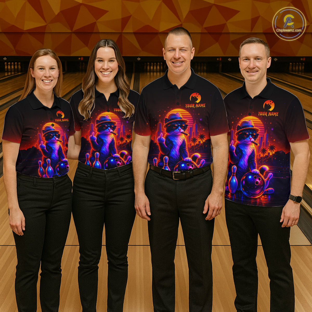 Custom Funny Cat Bowling Jersey for Women Bowling Tournament Polo & 1/4 Zip Bowling Team Shirts HNT204