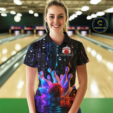 Load image into Gallery viewer, Women wearing a colorful bowling shirt with a bowling alley in the background