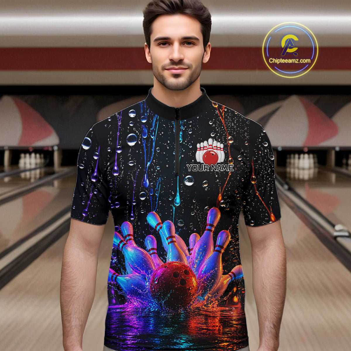 Man wearing a custom bowling quarter zip shirt with colorful design in a bowling alley.