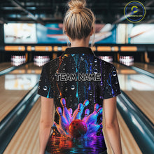 Load image into Gallery viewer, Women wearing a colorful bowling shirt with 'TEAM NAME' text in a bowling alley.