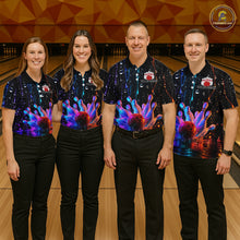 Load image into Gallery viewer, Four people wearing matching bowling shirts in a bowling alley.