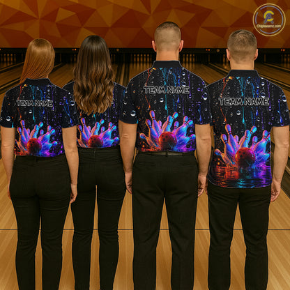 Four people wearing matching bowling shirts with colorful designs and 'TEAM NAME' text at a bowling alley.