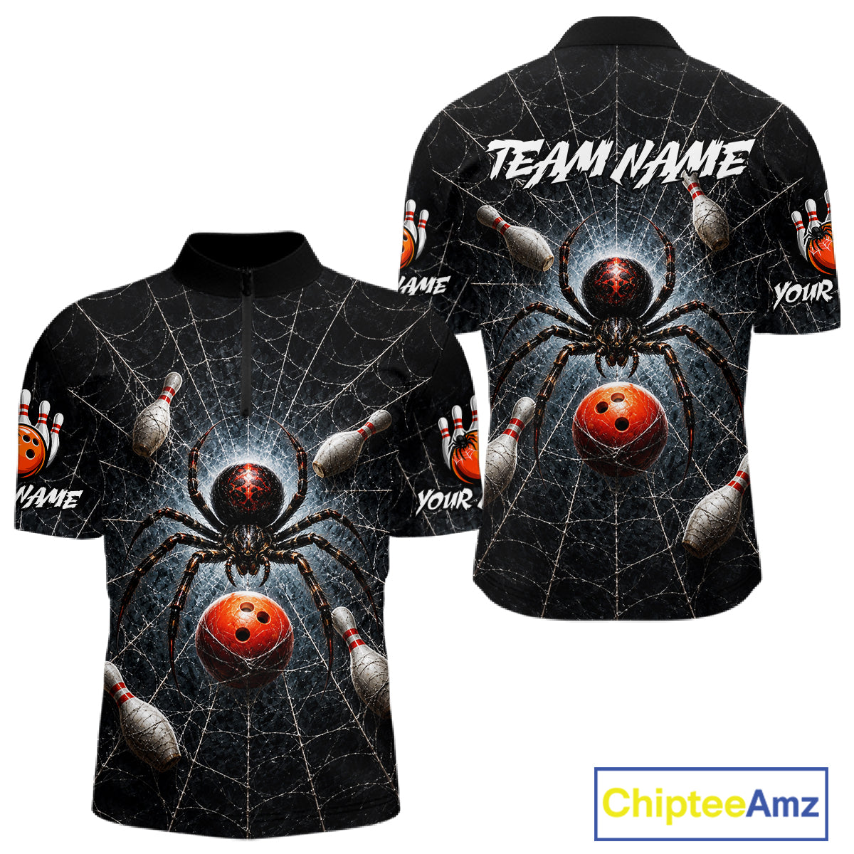 Custom short-sleeve polo shirt shown from front and back with a black spider and bowling ball graphic on a web background, featuring placeholder text 'TEAM NAME' and 'YOUR NAME' on the sleeves, on a white background with ChipteeAmz logo.
