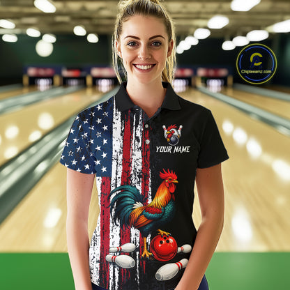 American Flag Rooster Bowling Jersey for Women Bowling Team Shirts Bowling Polo & 1/4 Zip HNT253