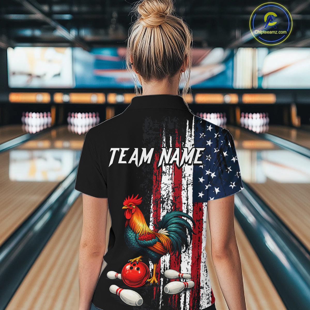 American Flag Rooster Bowling Jersey for Women Bowling Team Shirts Bowling Polo & 1/4 Zip HNT253